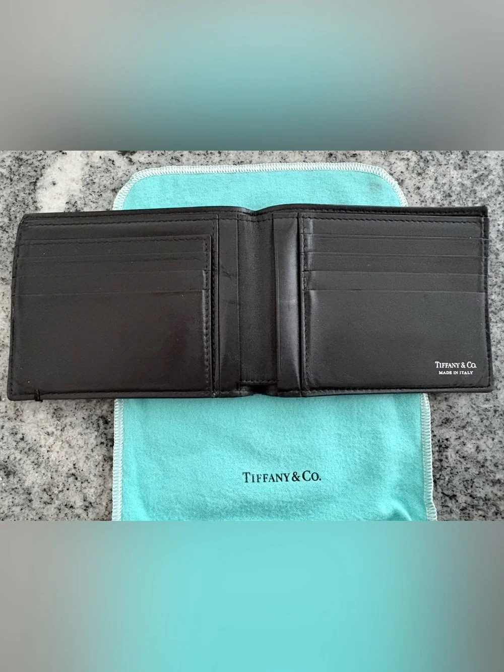 Tiffany & Co. Black Leather Men's Wallet with Signature Blue Pouch